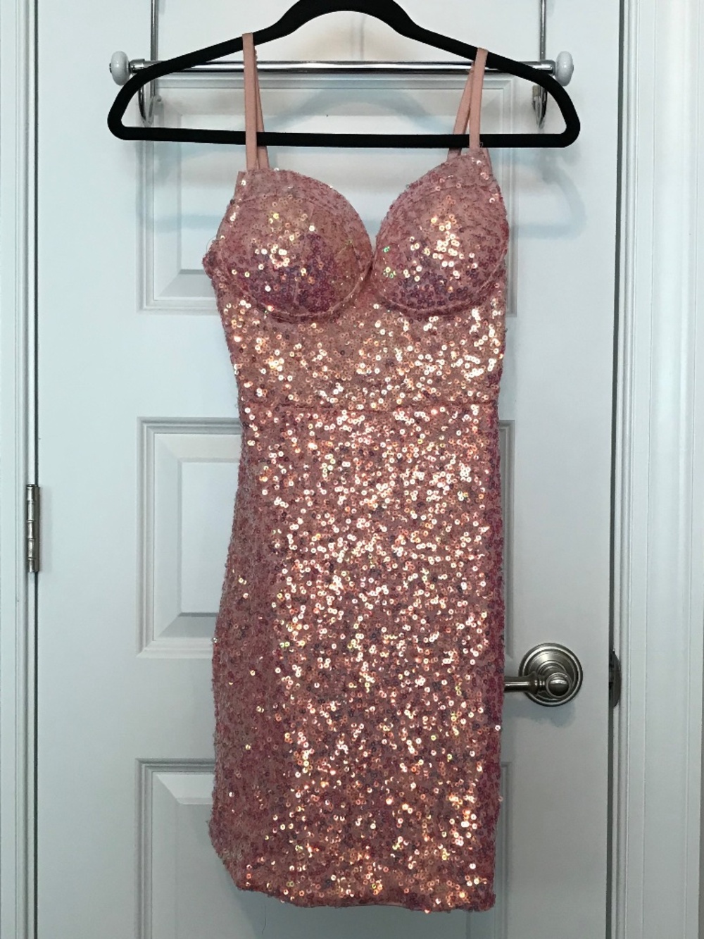 NWT Fashion Nova light pink sequined bodycon dress with bust cups (S)